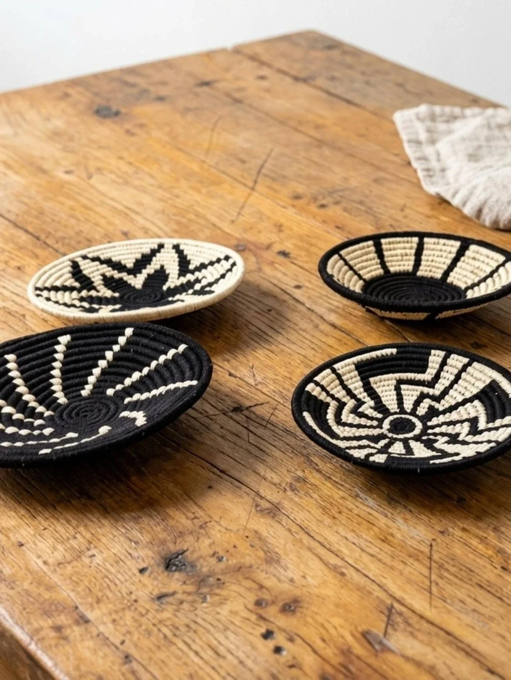 Woven Basket Wall Set, Black Natural Mixed Pattern Boho Gallery Decor